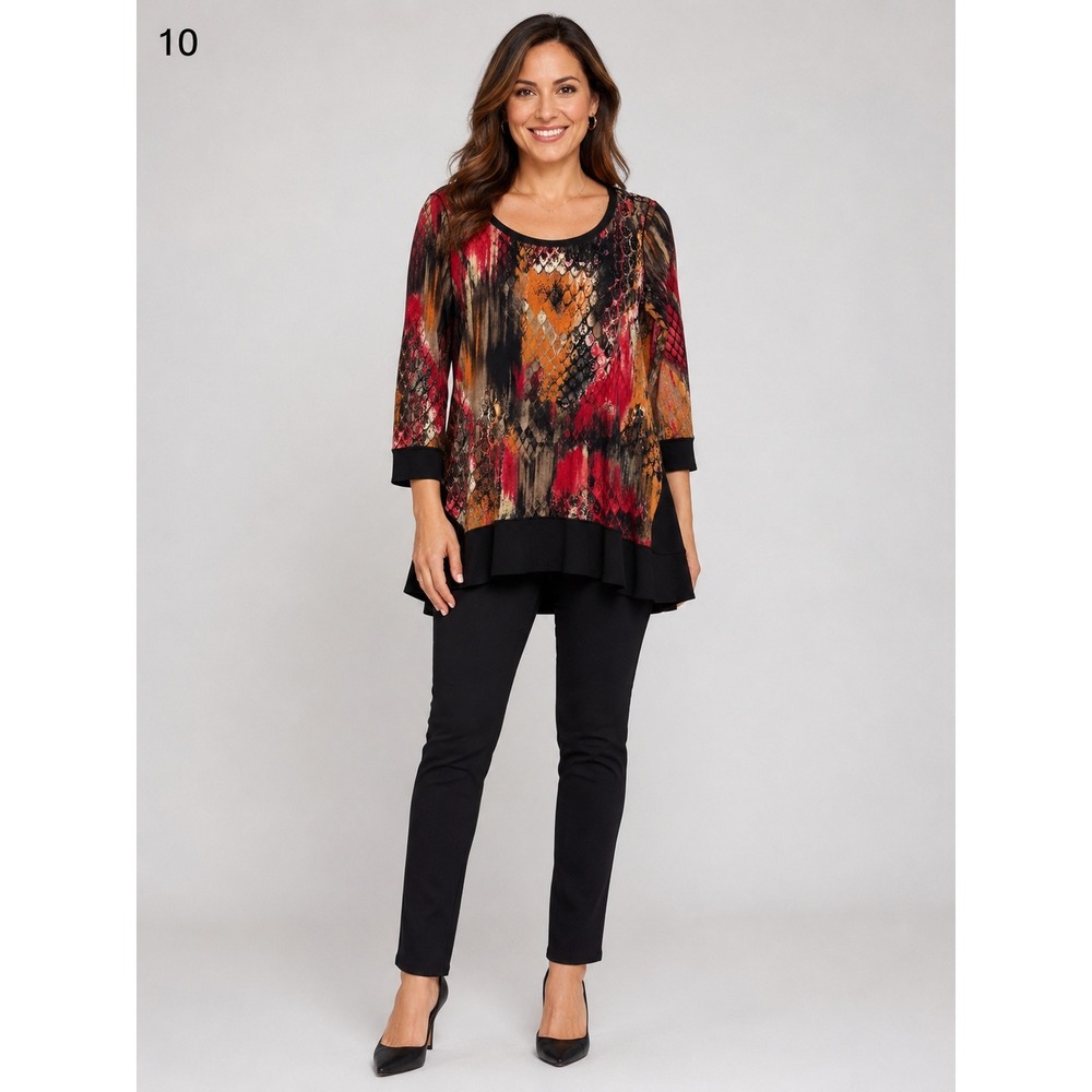 Eva Varro Tunic Top Womens Small Snakeskin Print Red Orange Black 3/4 Sleeve